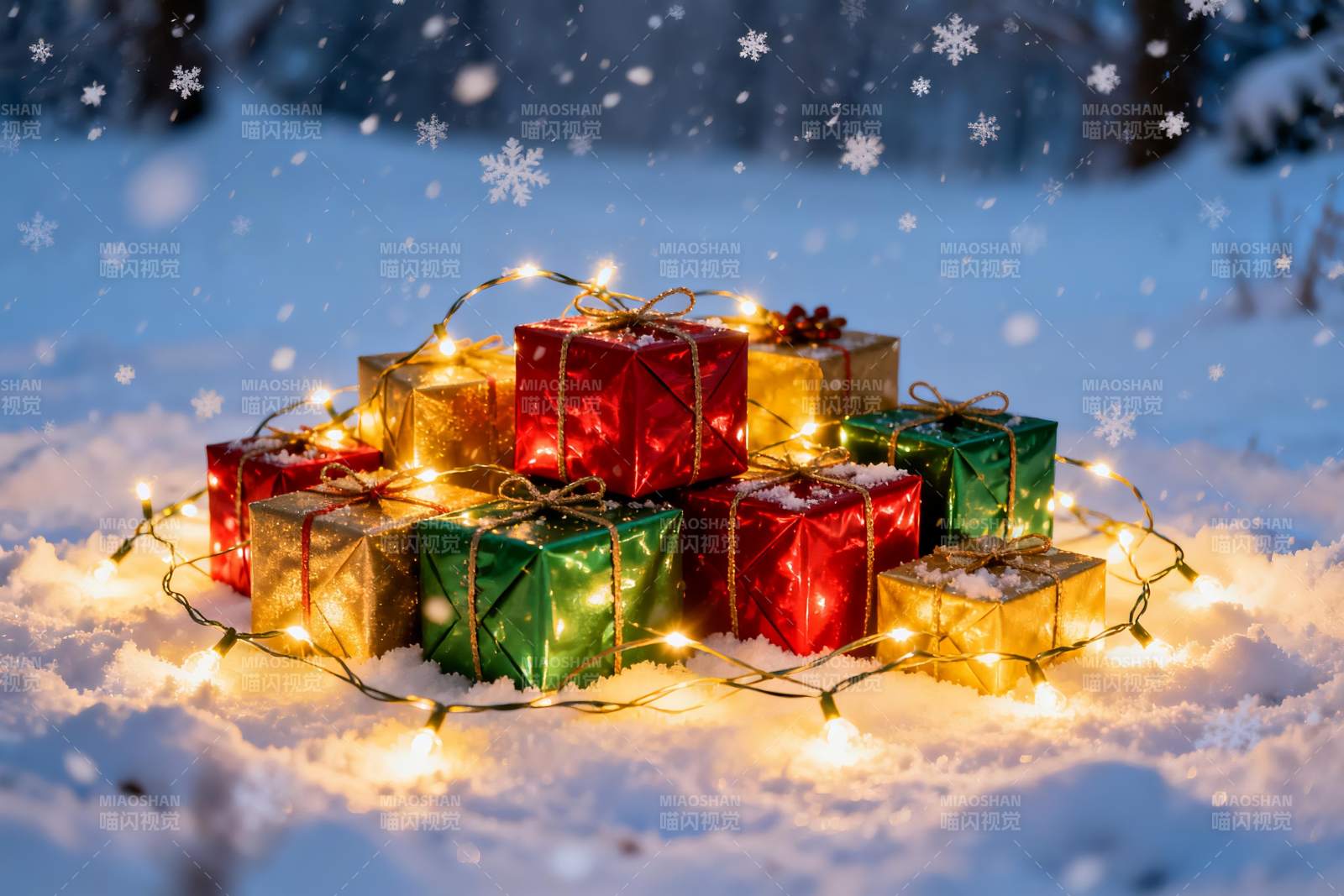 雪地礼盒灯光闪烁节日氛围图片