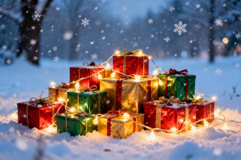 雪地礼盒灯光闪烁节日氛围图片