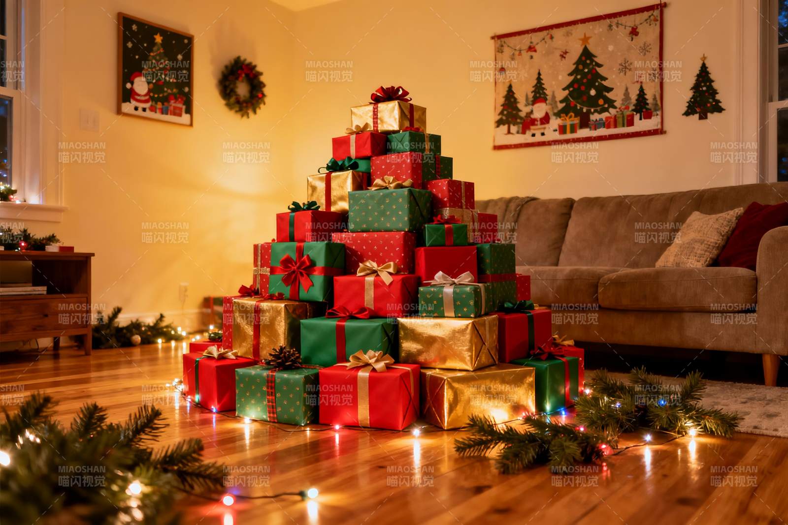 圣诞礼物堆叠温馨家居场景图片