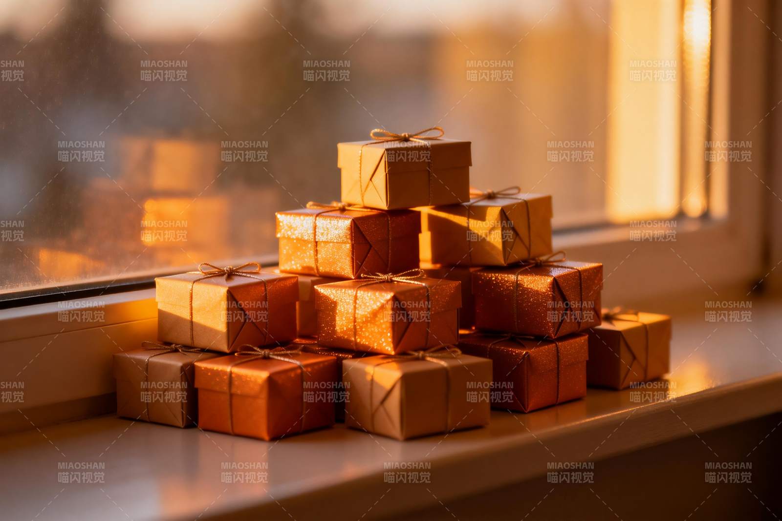 窗台礼盒堆叠光影温暖图片