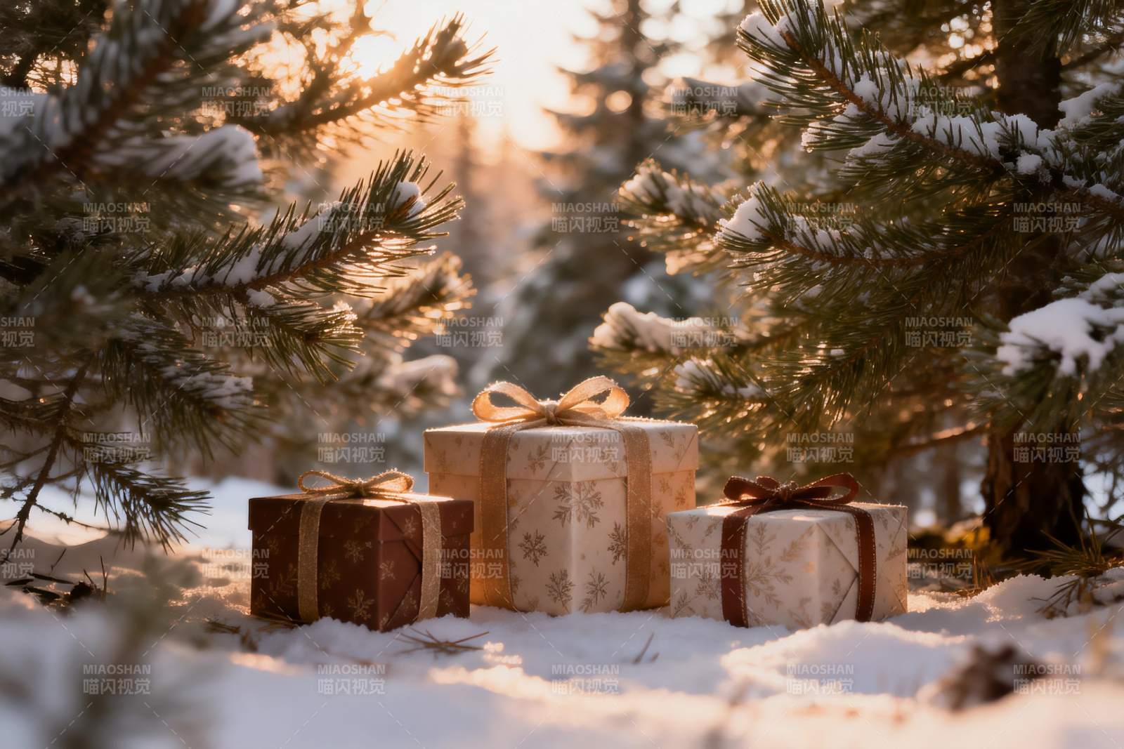 雪地松树下的节日礼物图片