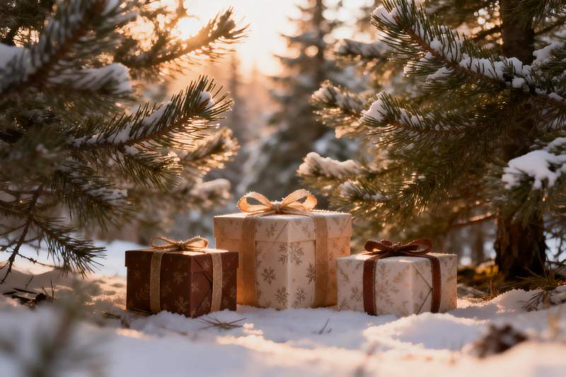 雪地松树下的节日礼物图片