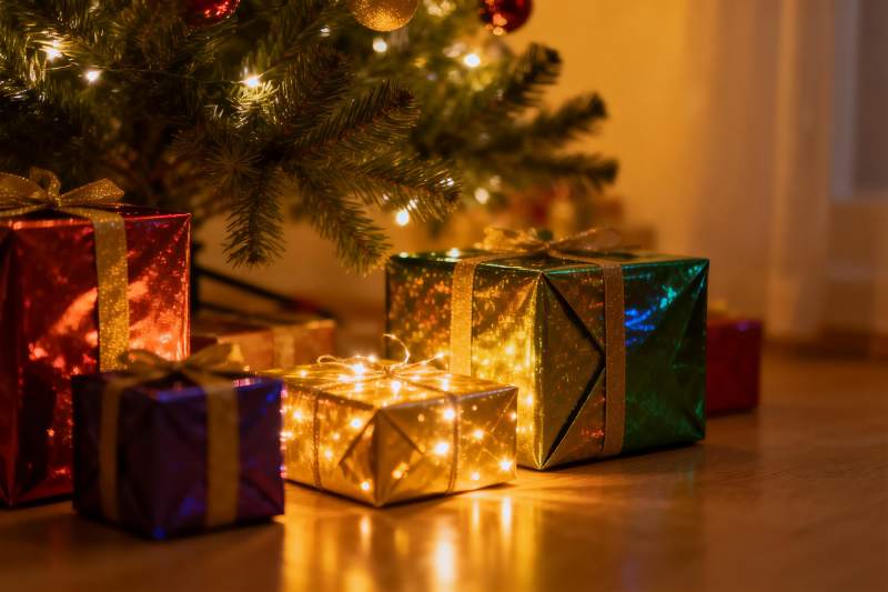 圣诞树下彩礼盒温馨场景图片