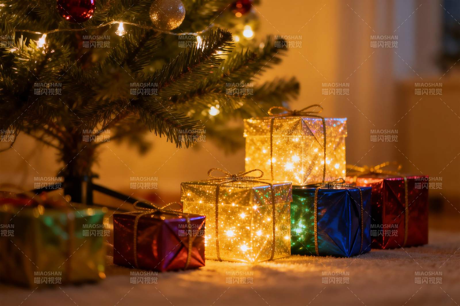 圣诞树下彩灯礼盒温馨场景图片