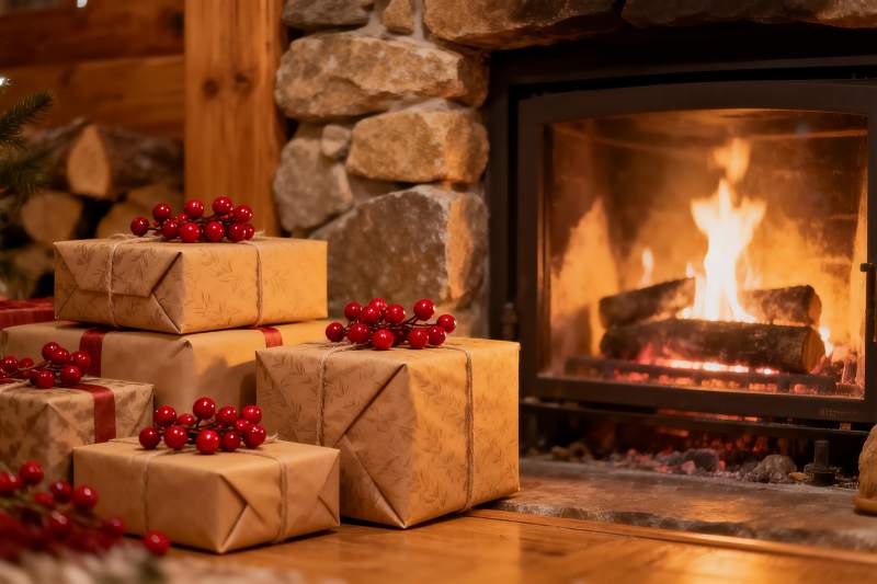 壁炉旁的节日礼物与红果图片