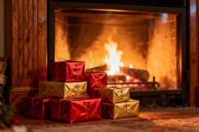 壁炉前的圣诞礼物堆图片