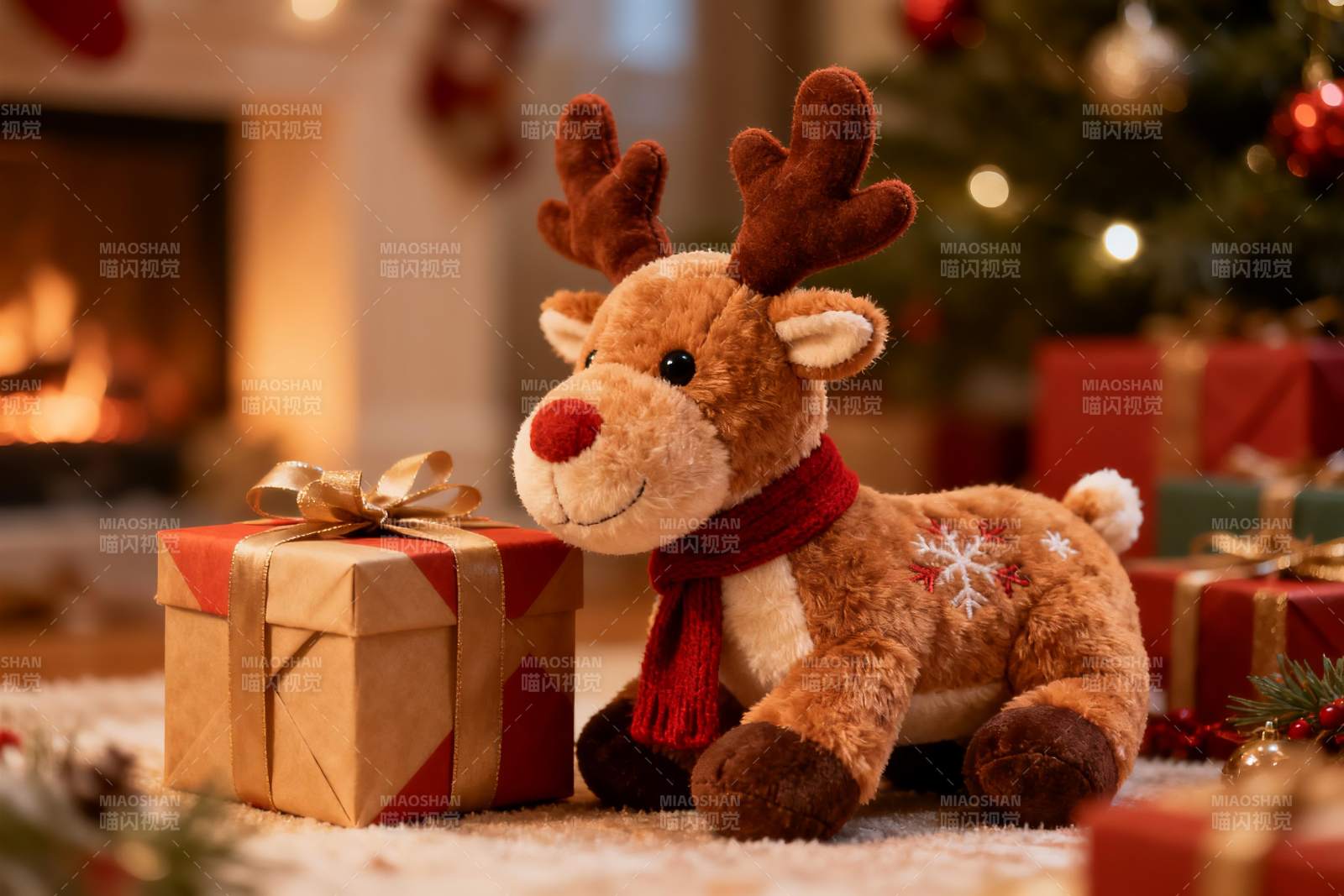 圣诞鹿玩偶与礼物盒温馨场景图片