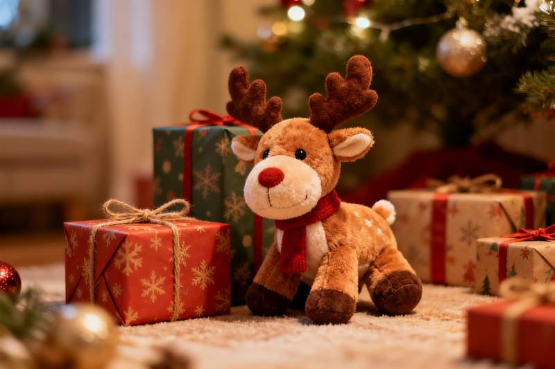 圣诞树下毛绒玩具与礼物盒图片
