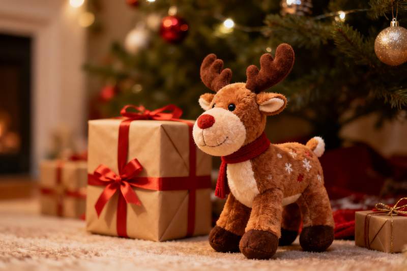 圣诞树下毛绒玩具与礼物图片