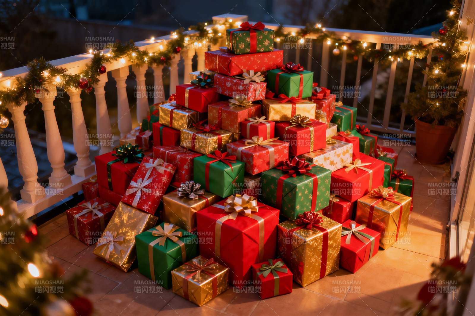 圣诞礼物堆叠阳台夜景图片