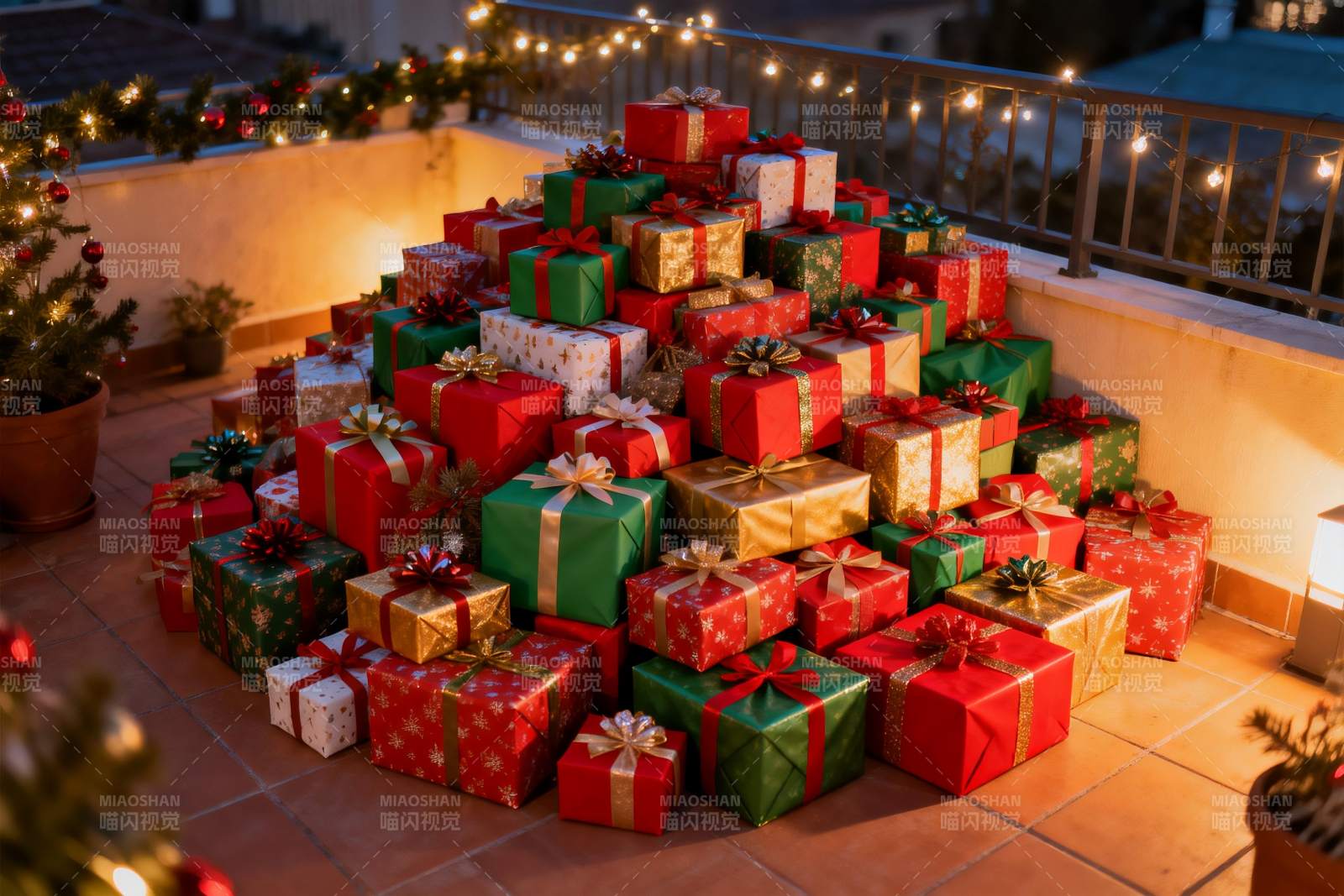 节日阳台堆满圣诞礼物盒图片