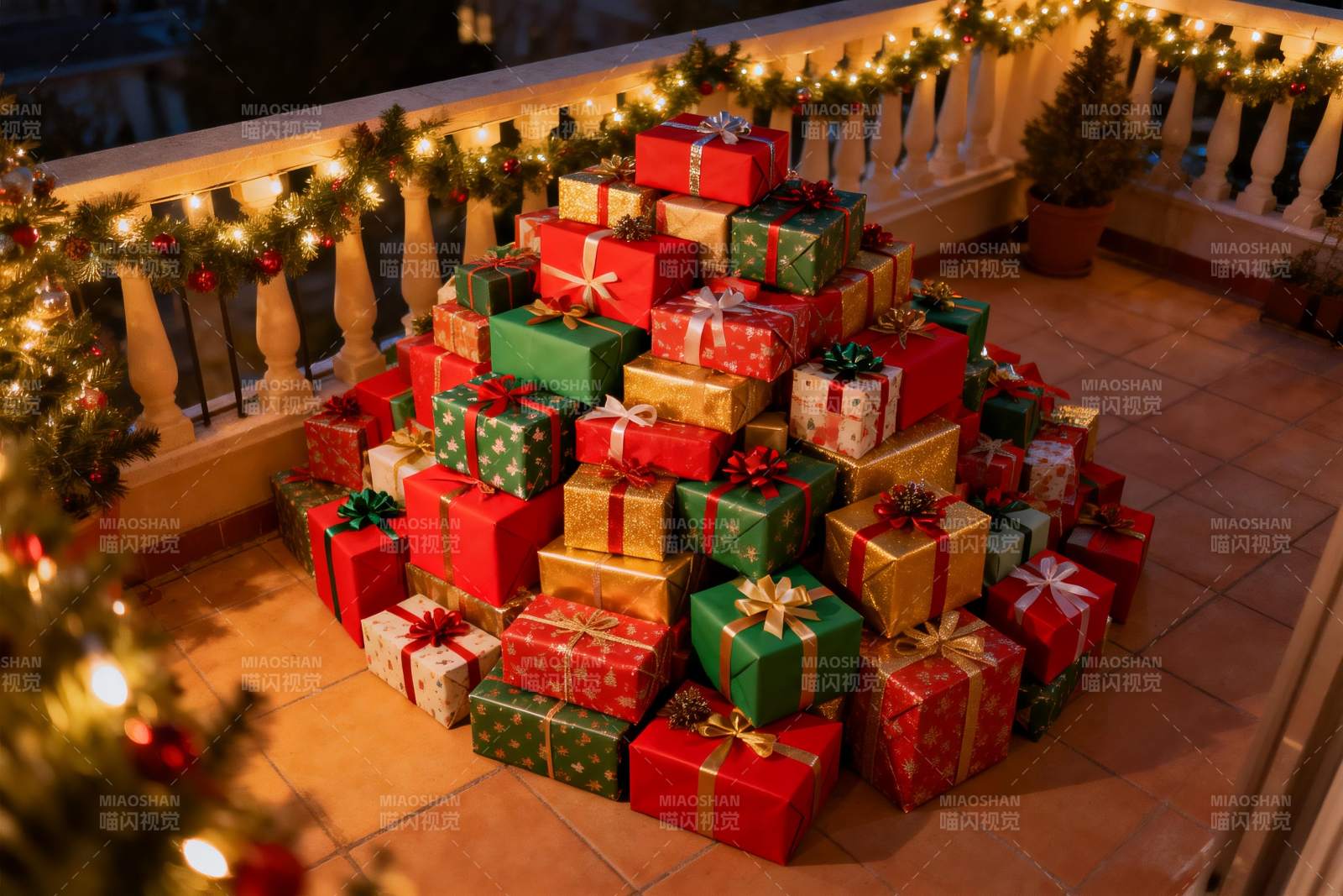 圣诞礼物堆叠阳台夜景图片
