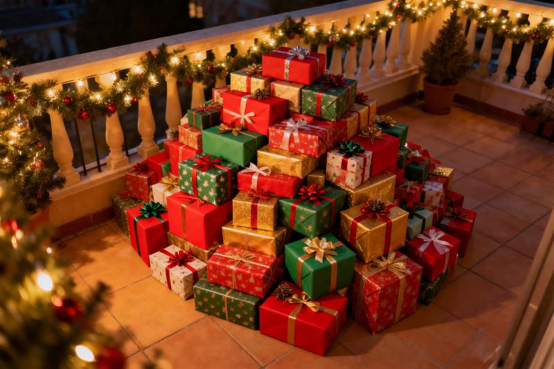 圣诞礼物堆叠阳台夜景图片