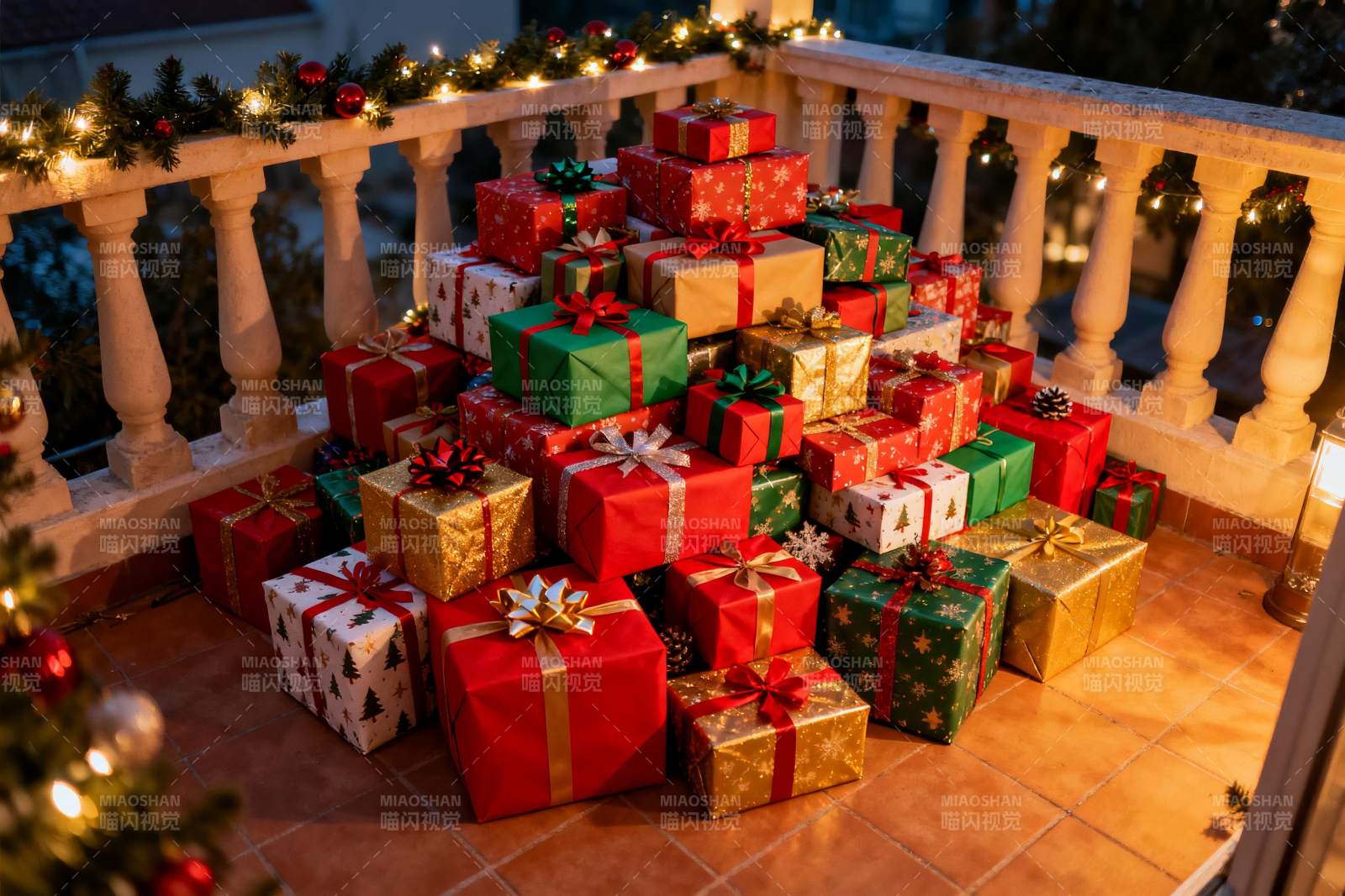 节日阳台堆满圣诞礼物盒图片