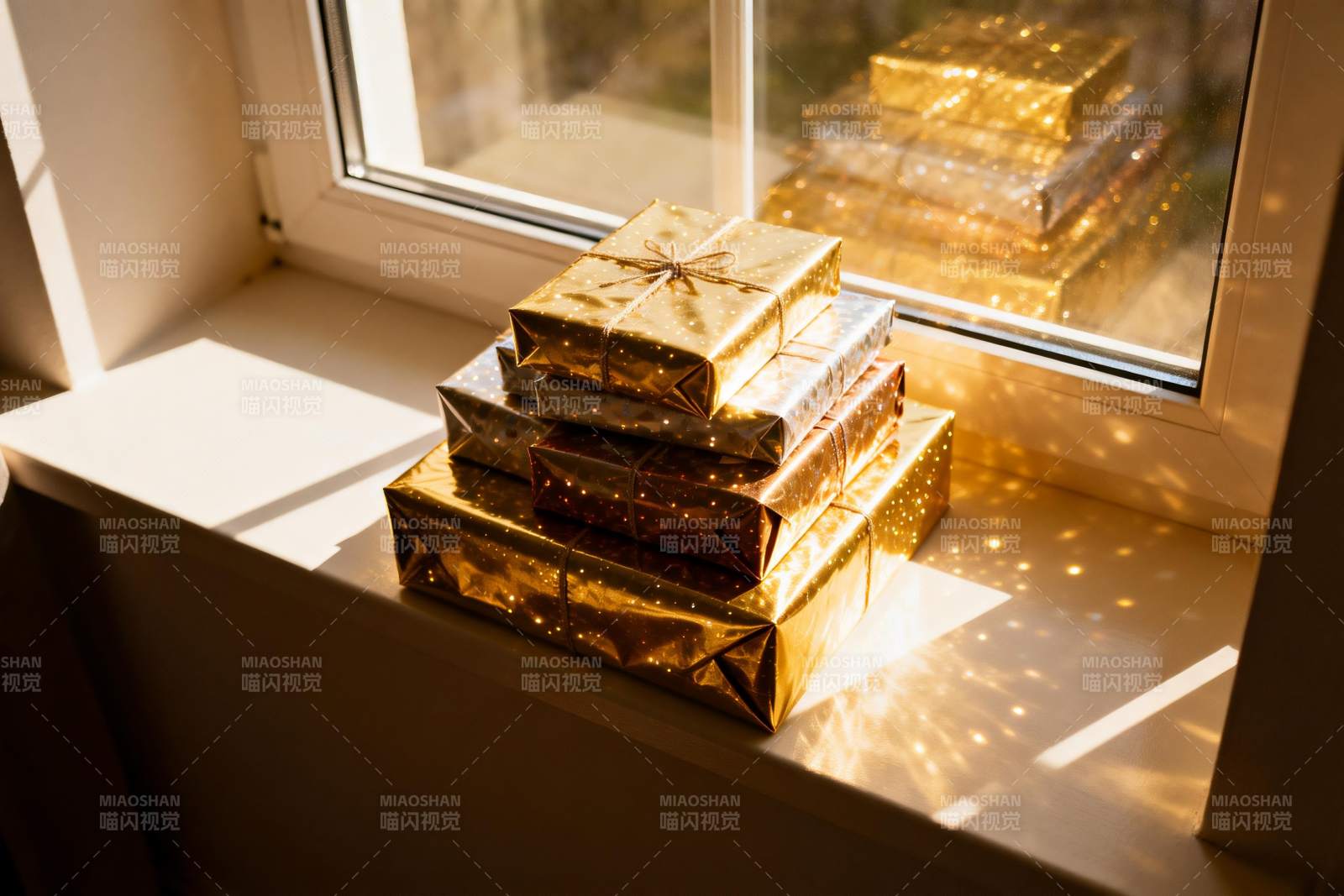 窗台金色礼盒堆叠光影图片