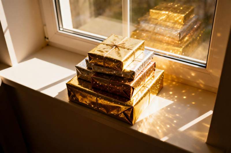 窗台金色礼盒堆叠光影图片