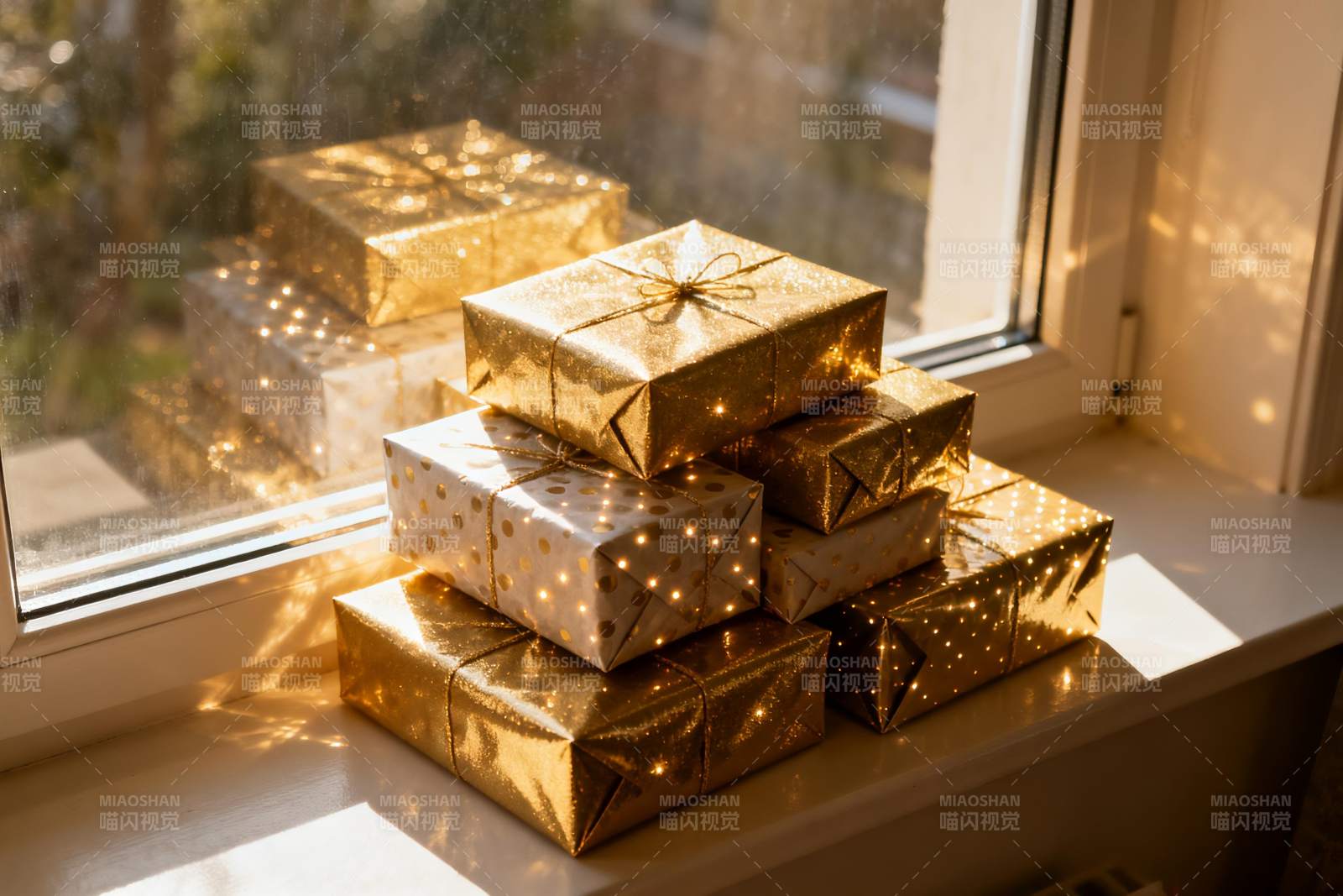 窗台金色礼盒堆叠光影图片