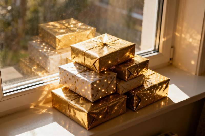 窗台金色礼盒堆叠光影图片