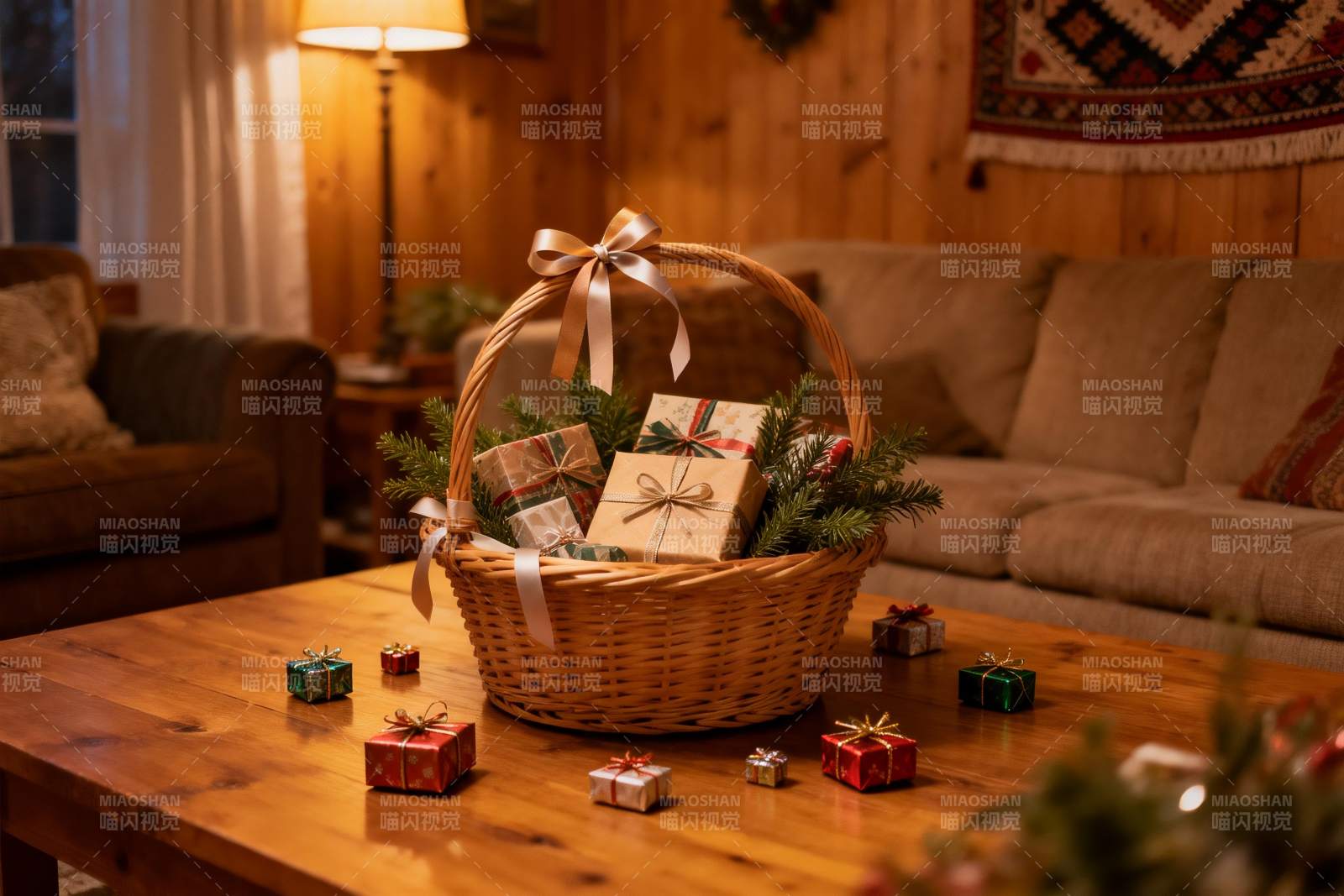 温馨圣诞礼篮摆放在客厅茶几图片