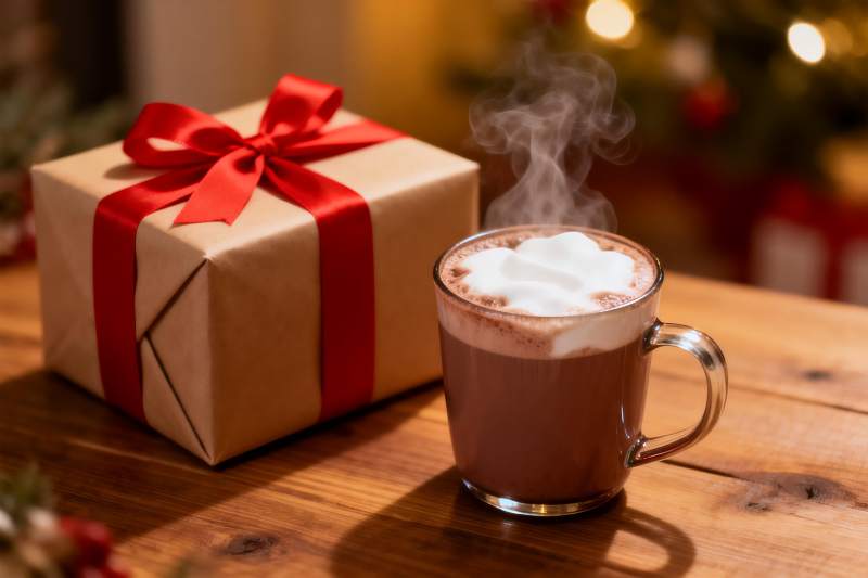 热饮与礼物盒温馨场景图片