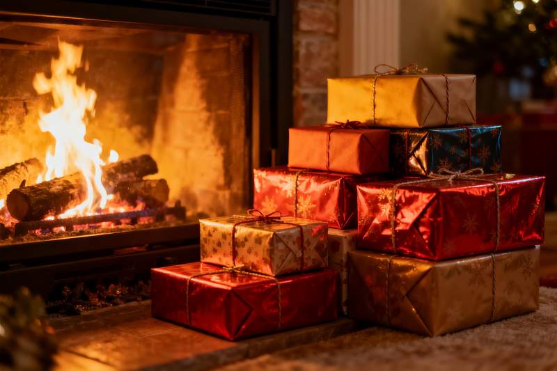 壁炉旁的圣诞礼物堆图片