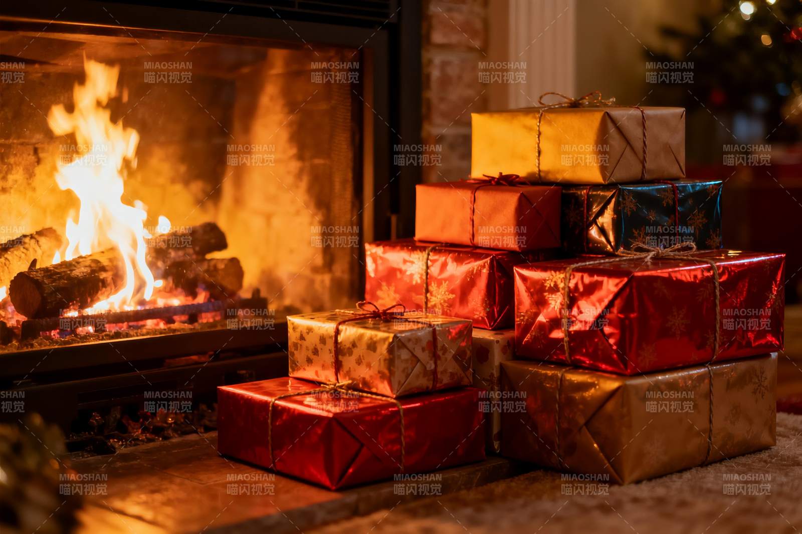 壁炉旁的圣诞礼物堆图片