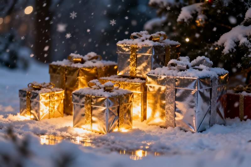 雪夜圣诞礼盒光影图片