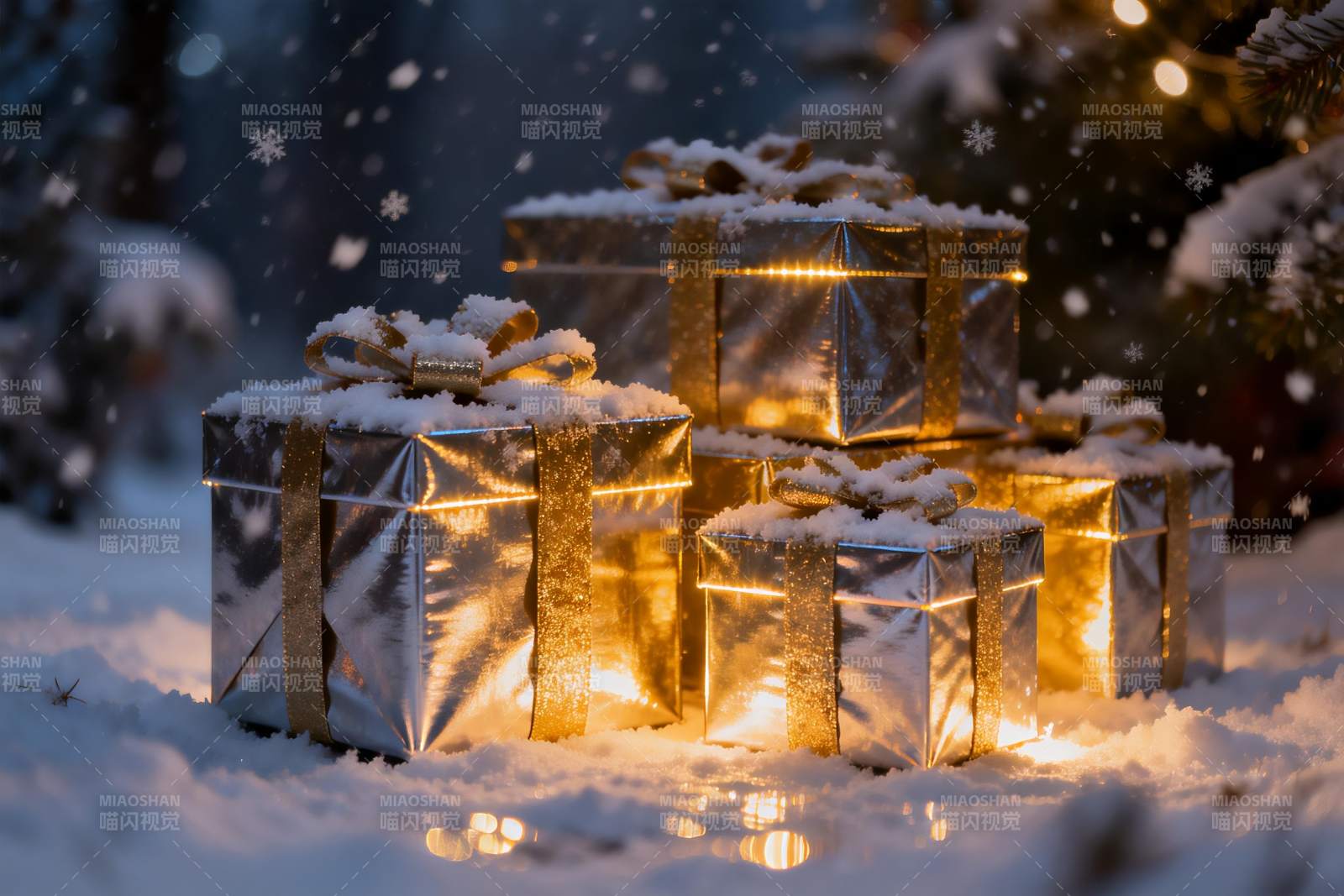 雪地礼盒灯光闪烁图片