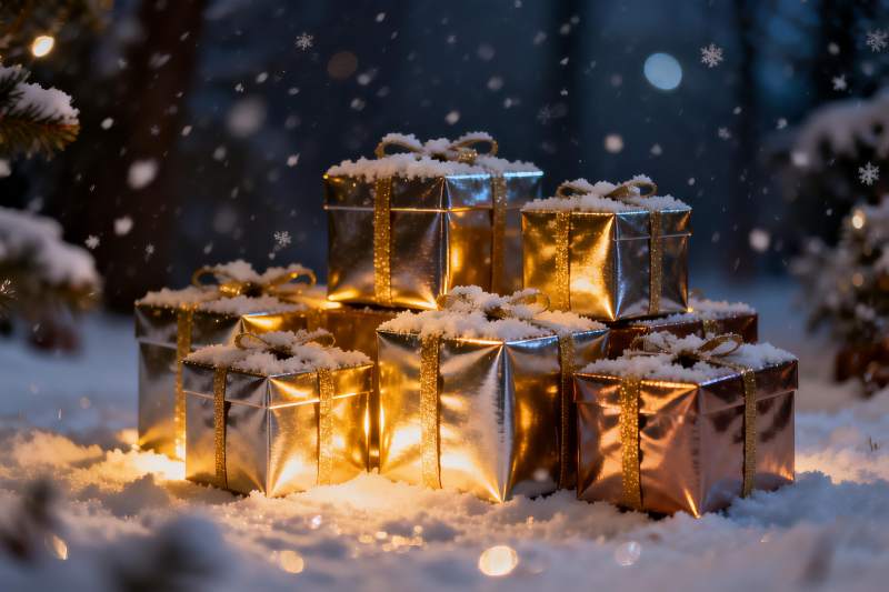 雪夜金盒礼物堆图片