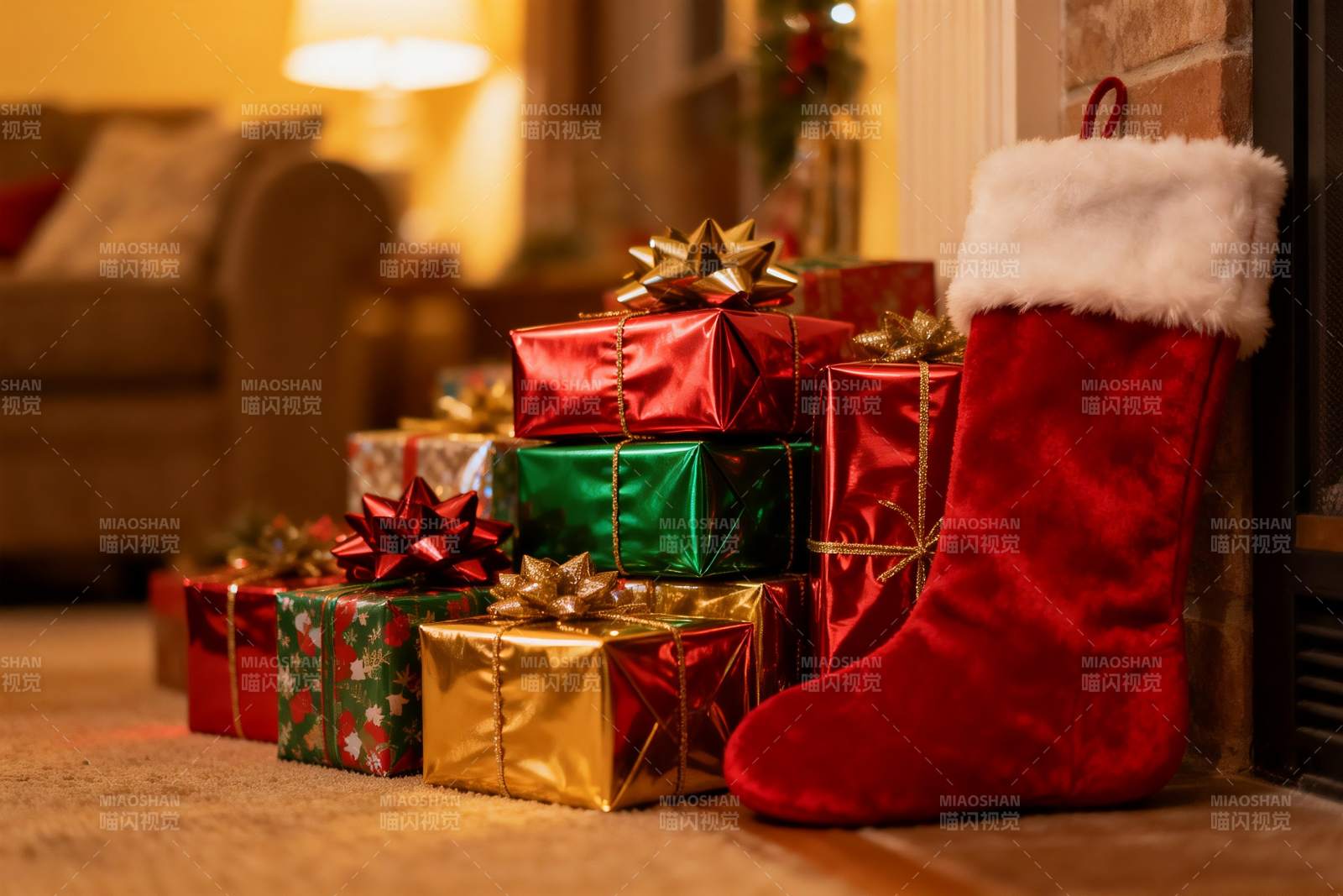 圣诞礼物与长筒袜温馨场景图片