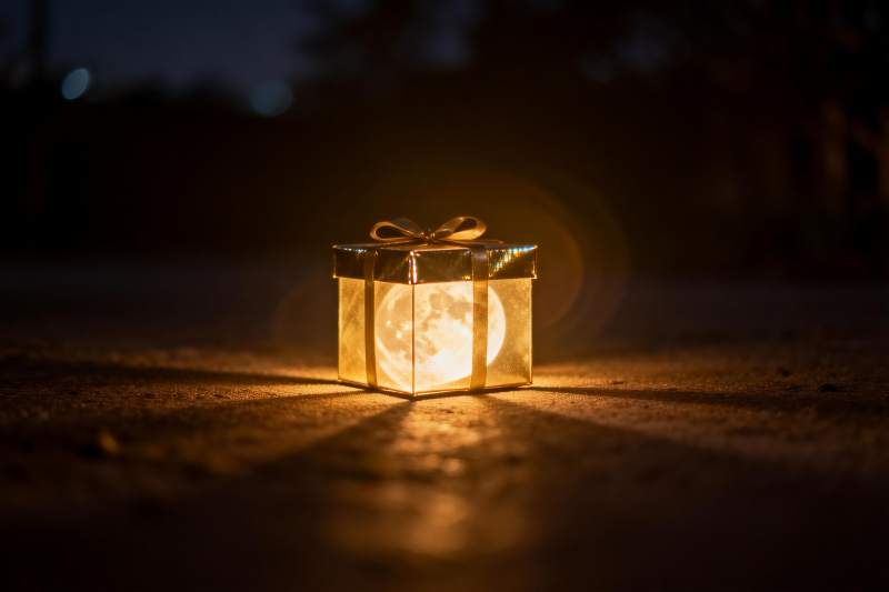 夜景中发光礼盒内藏月亮图片