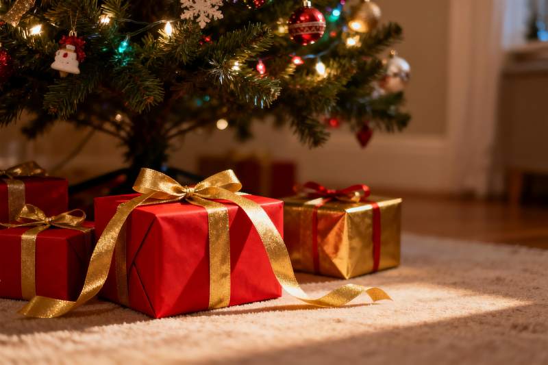 圣诞树下礼物盒温馨场景图片