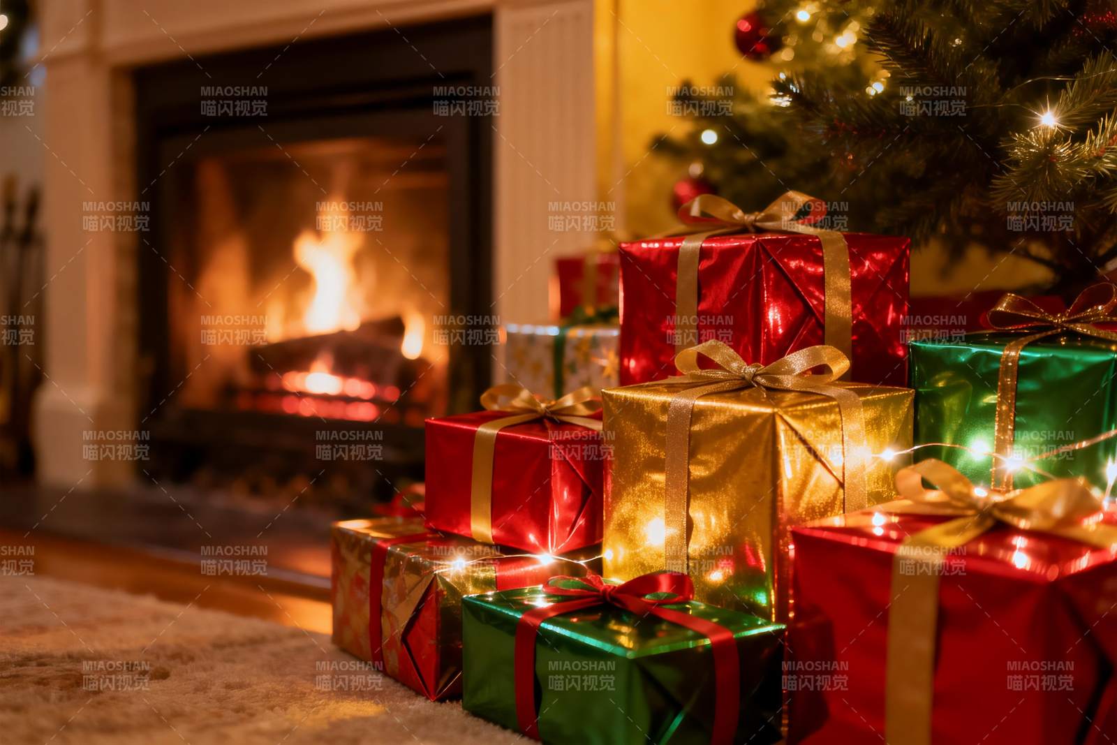 壁炉旁圣诞礼物堆图片