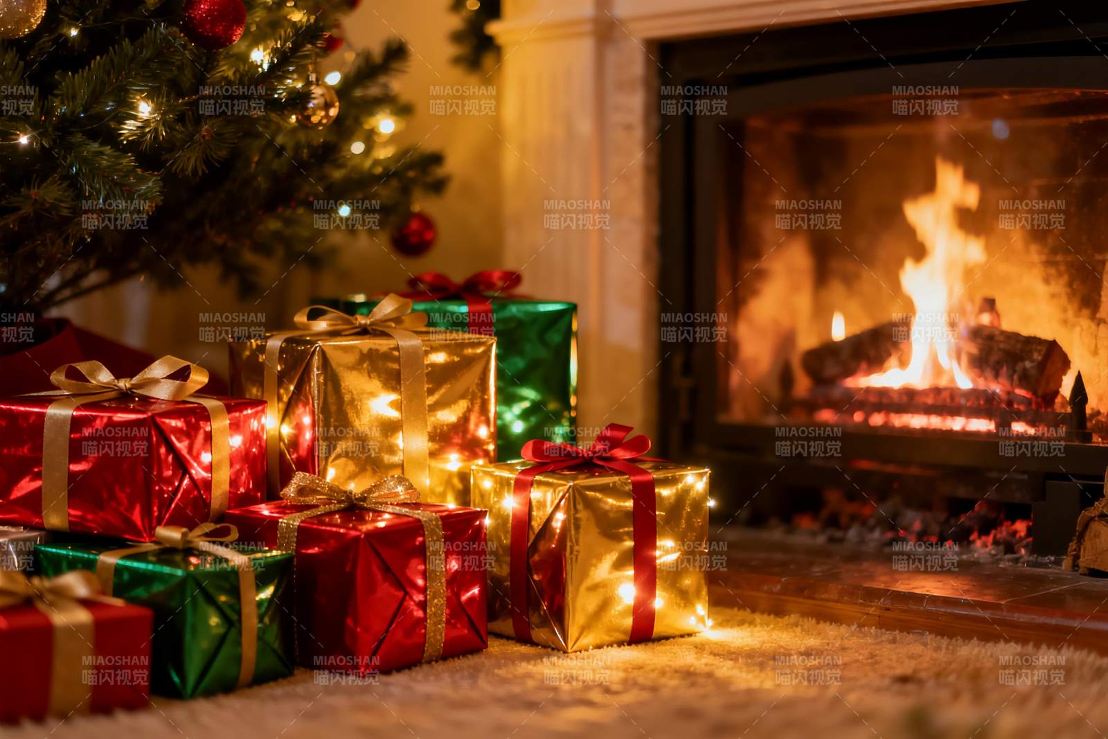 圣诞树旁壁炉前的礼物图片