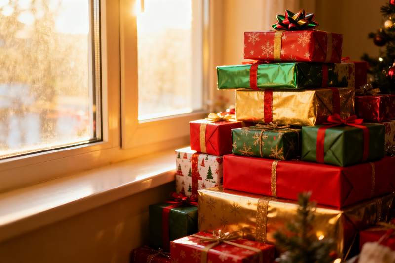 窗边圣诞礼物堆叠温馨场景图片