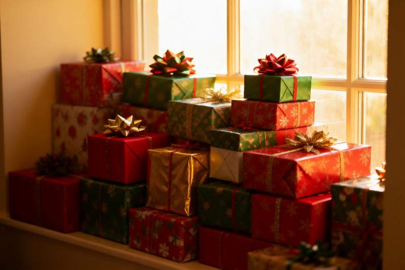窗台堆叠节日礼盒图片