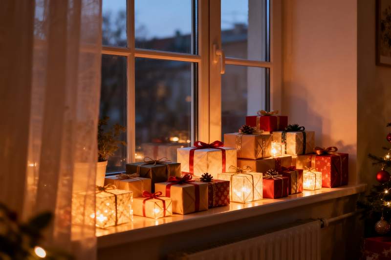 窗台节日礼物与灯光温馨场景图片