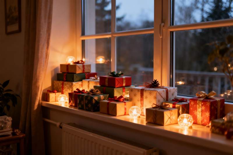 窗台节日礼物与灯光温馨场景图片