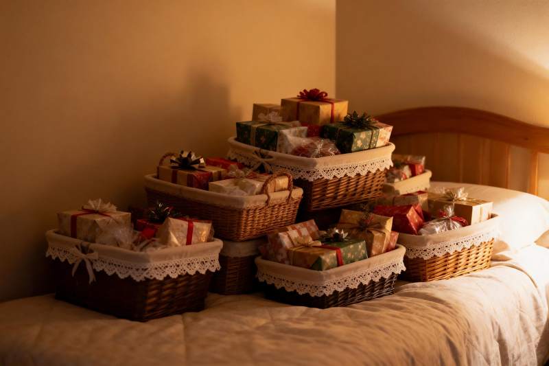 床上篮筐堆满节日礼物图片