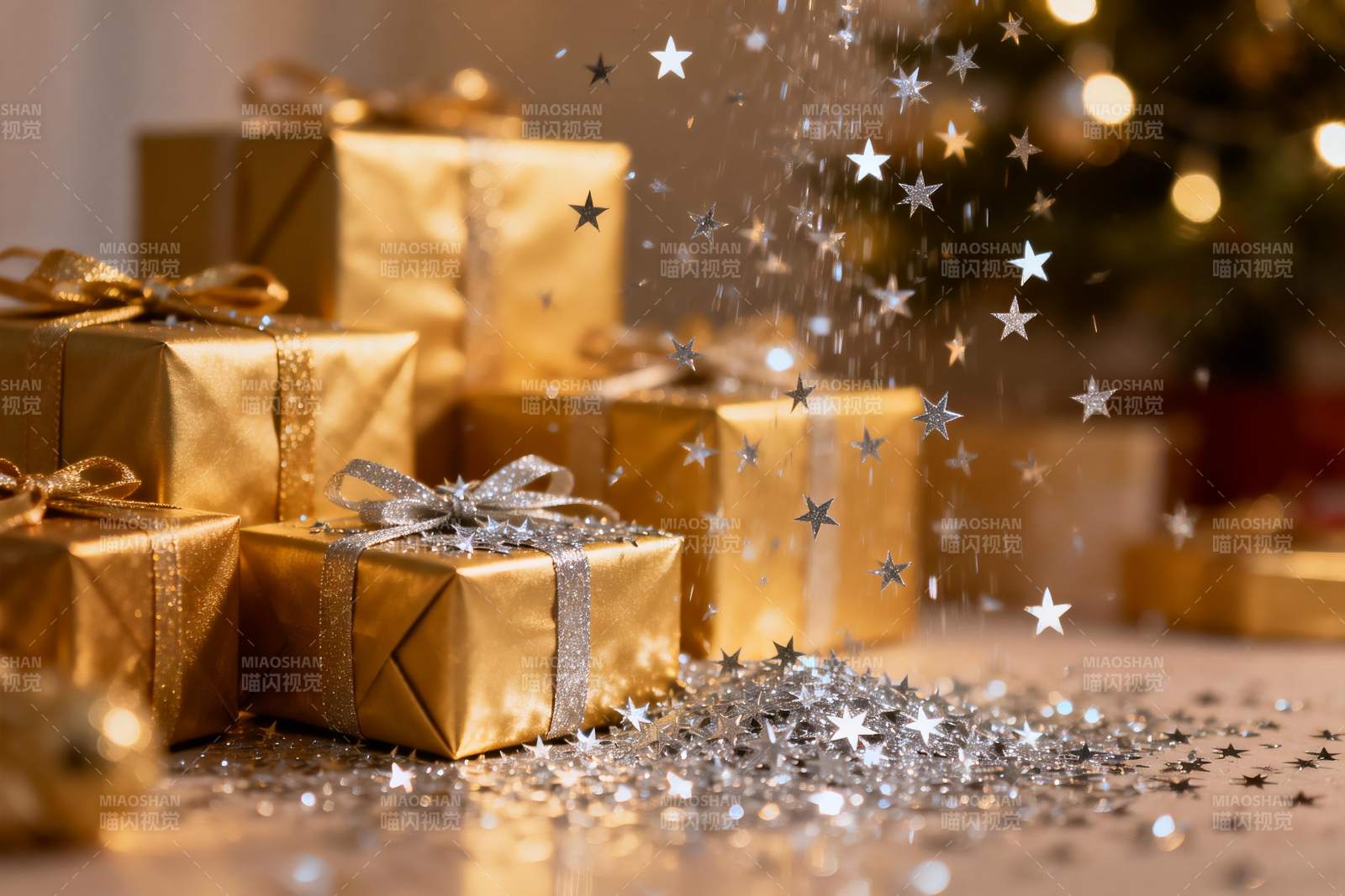 金色礼盒与星光点缀的节日场景图片