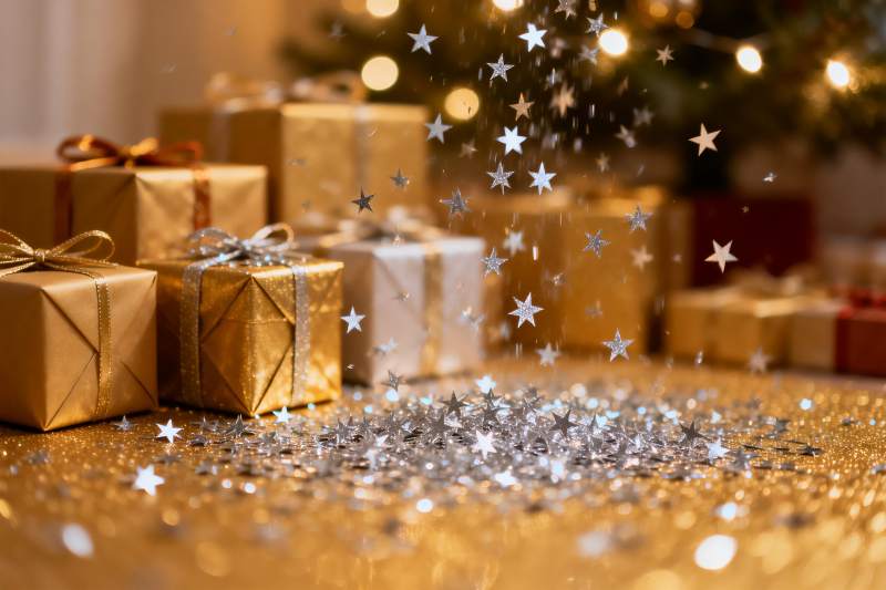 圣诞礼物与星光点缀的节日场景图片