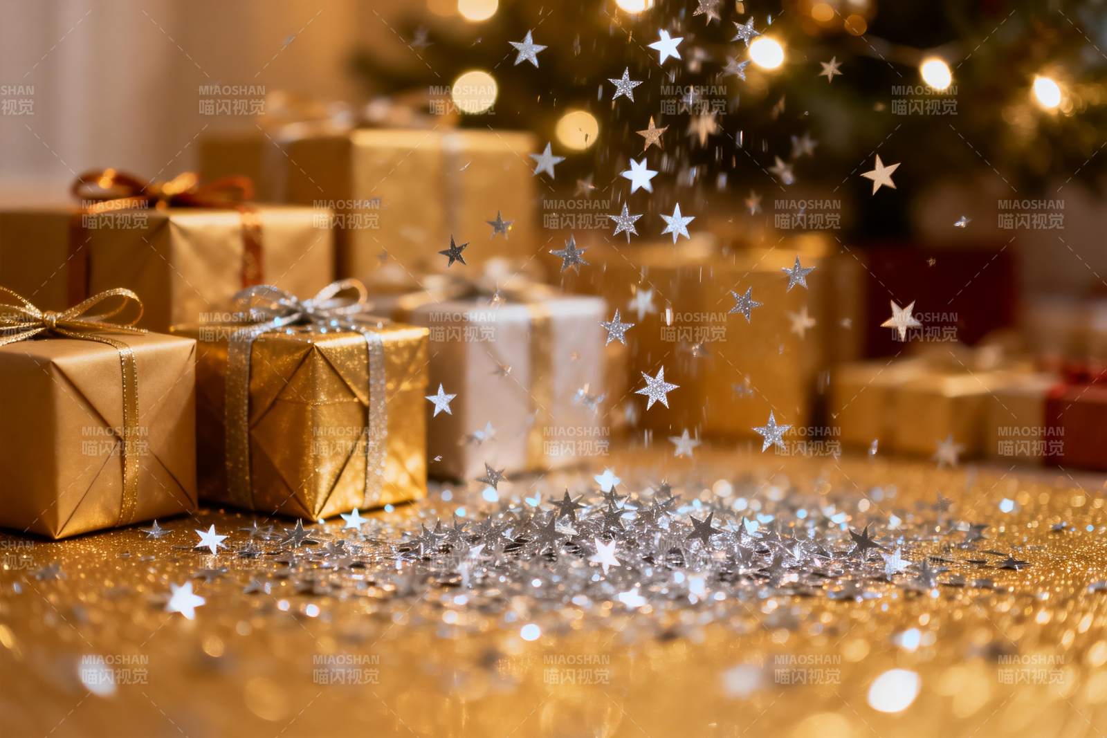 圣诞礼物与星光点缀的节日场景图片