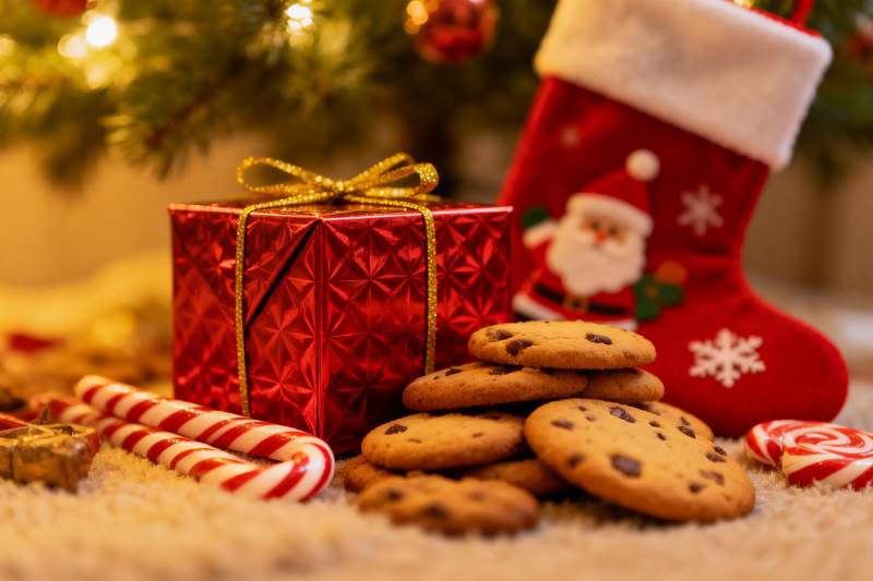 圣诞树下礼物与饼干图片