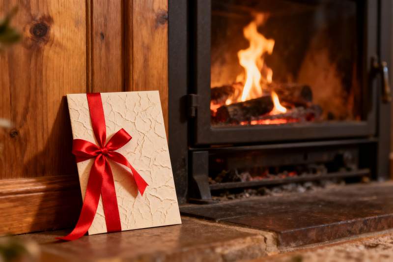 壁炉旁的礼物盒温暖节日氛围图片