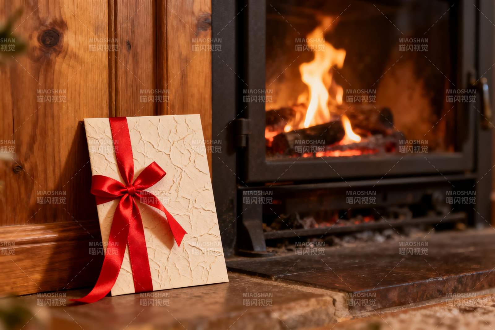 壁炉旁的礼物盒温暖节日氛围图片