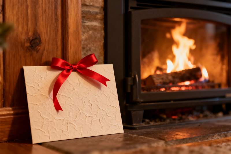 壁炉旁的红色丝带贺卡图片