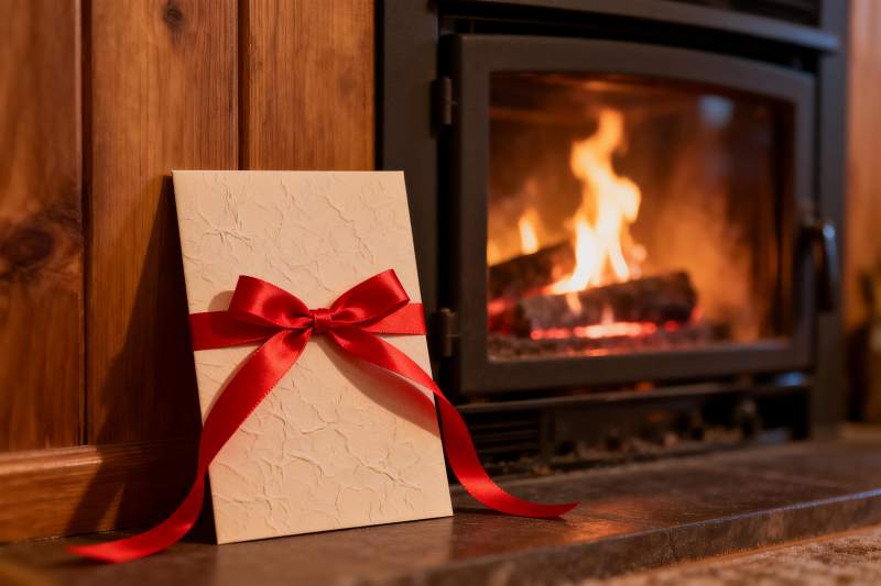 壁炉旁的红色丝带礼物图片