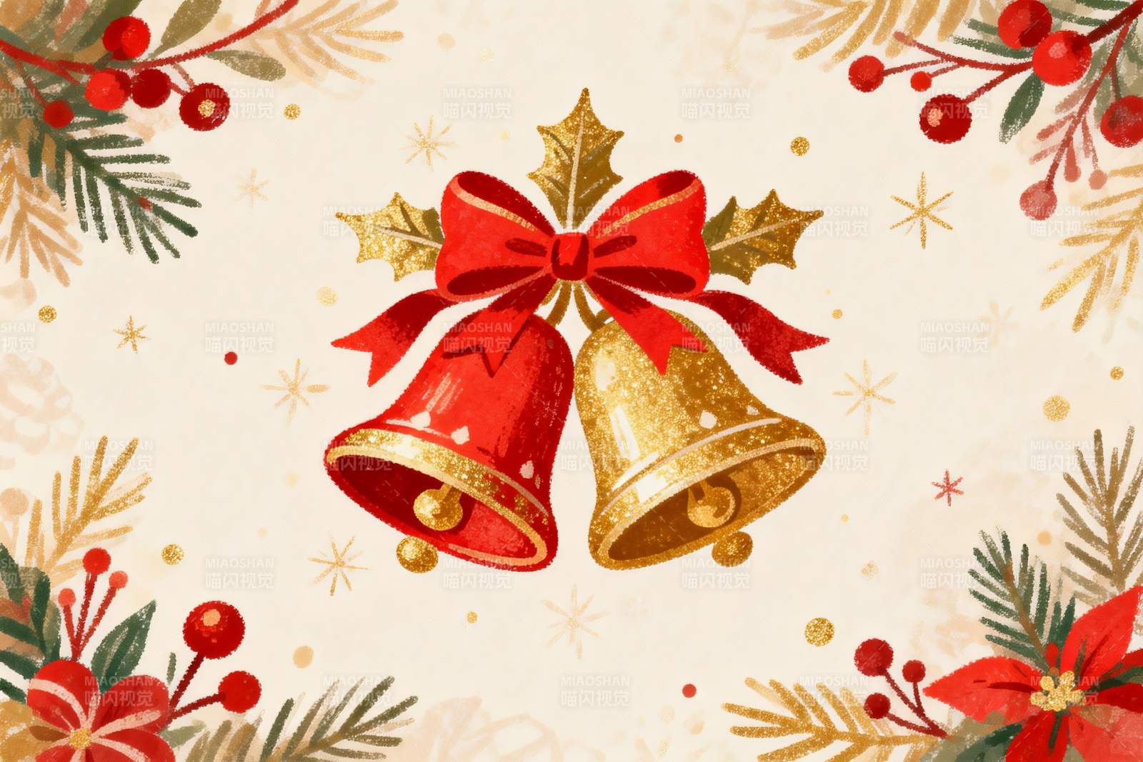圣诞铃铛与节日花环装饰画图片