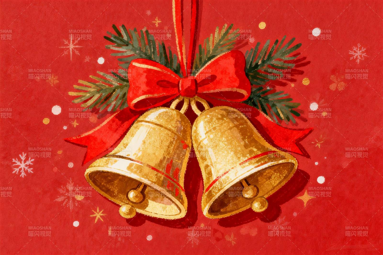 红色背景金色铃铛圣诞装饰图片