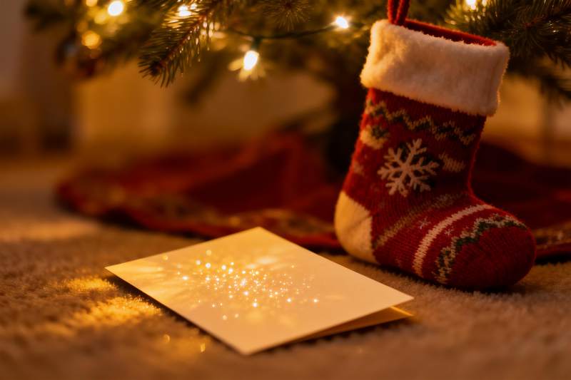 圣诞树下袜子卡片温馨场景图片